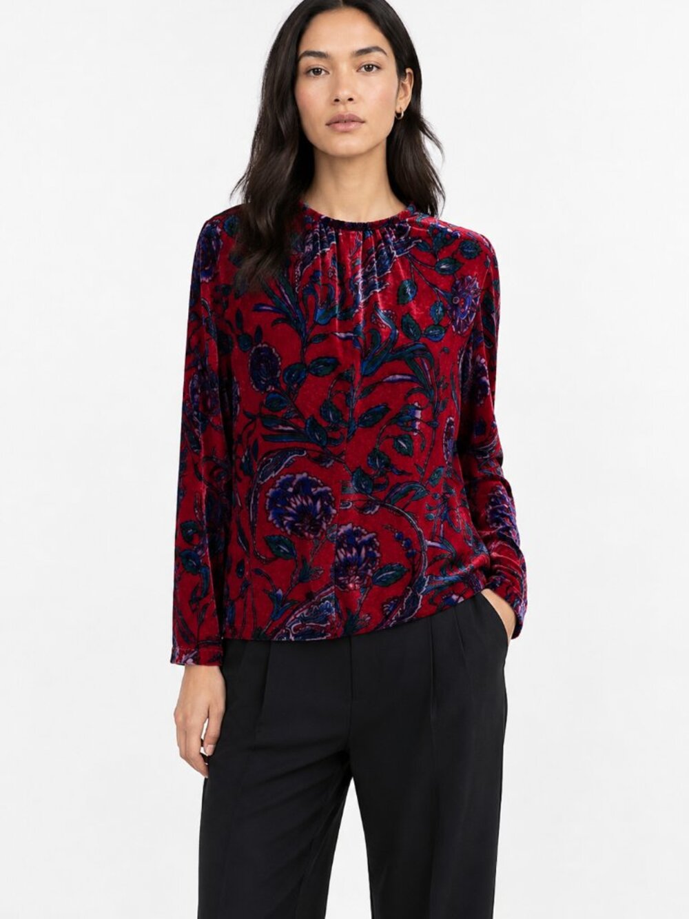 SANDRO PARIS RED BLUE GREEN FLORAL VELVET LONG TEE PULLOVER TOP - S (SIZE 1) - Picture 1 of 12